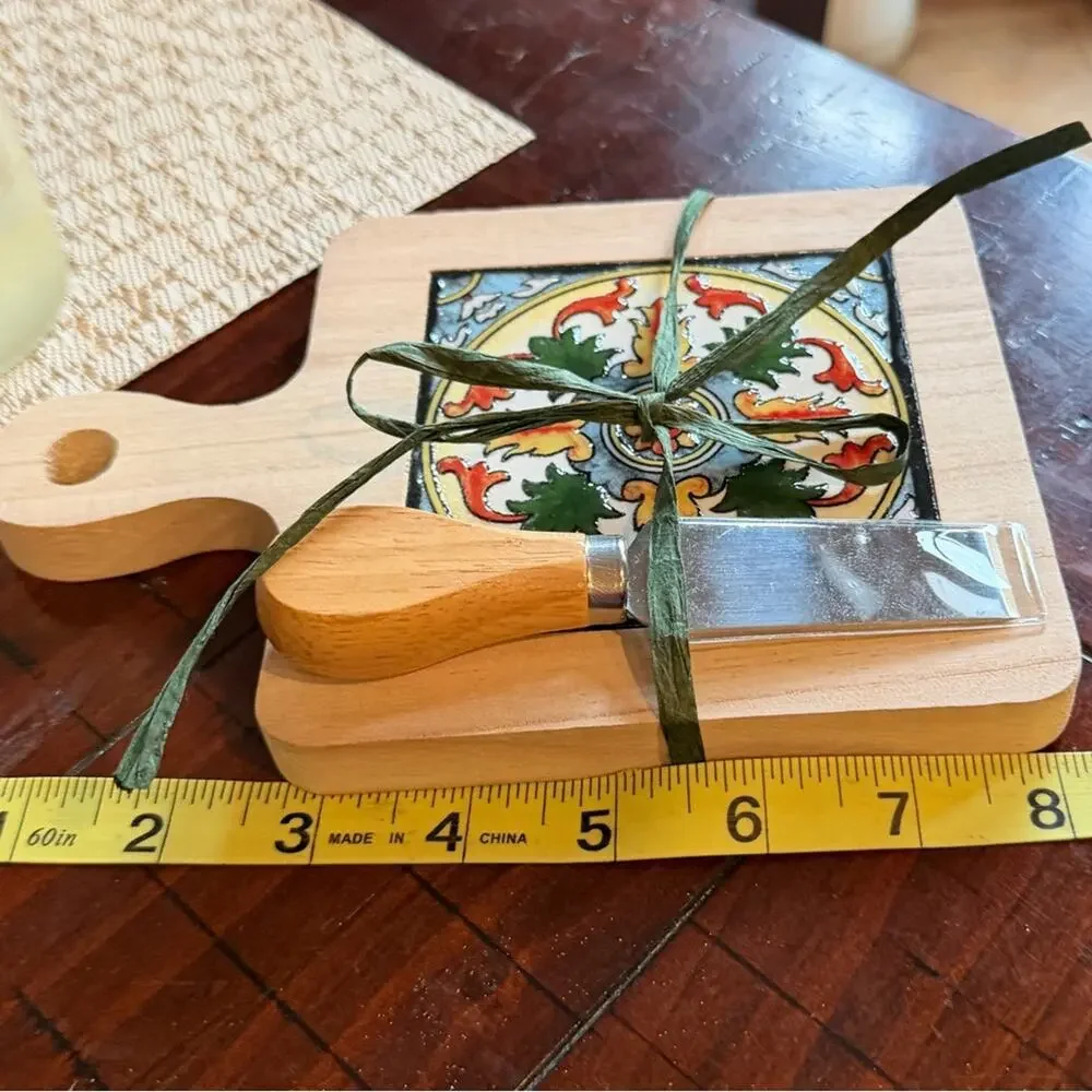Decorative Wooden Cheese Board with Knife New